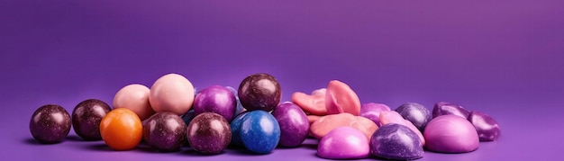 Candies standing on gradient white purple background wide panoramic generative ai