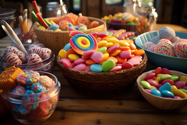 Photo candies with jelly and sugar colorful array of different child sweets and treats