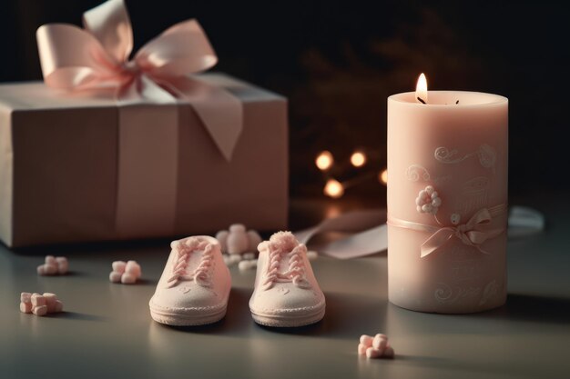 A candle and baby shoes next to a lit candle