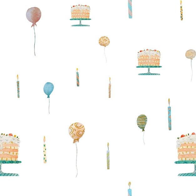 Candle balloon happy birthday pattern. A watercolor illustration. Hand drawn texture. Isolated.