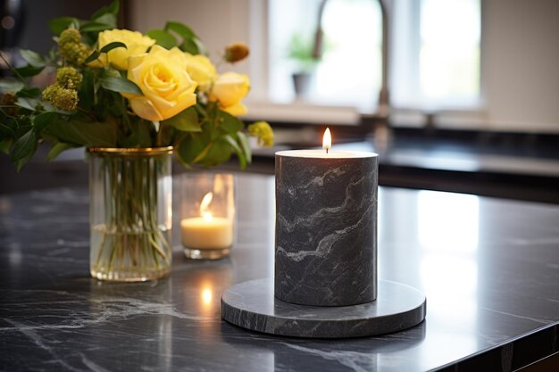 A candle on a black marble countertop in a modern kitchen