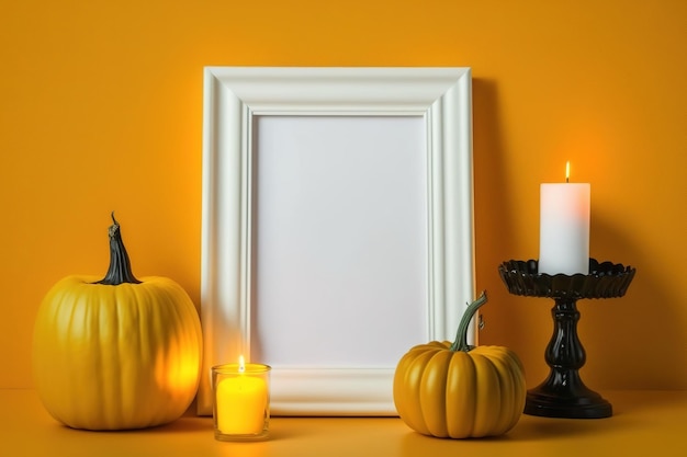 A candle and a blank frame with Halloween pumpkins are located next to a yellow wall