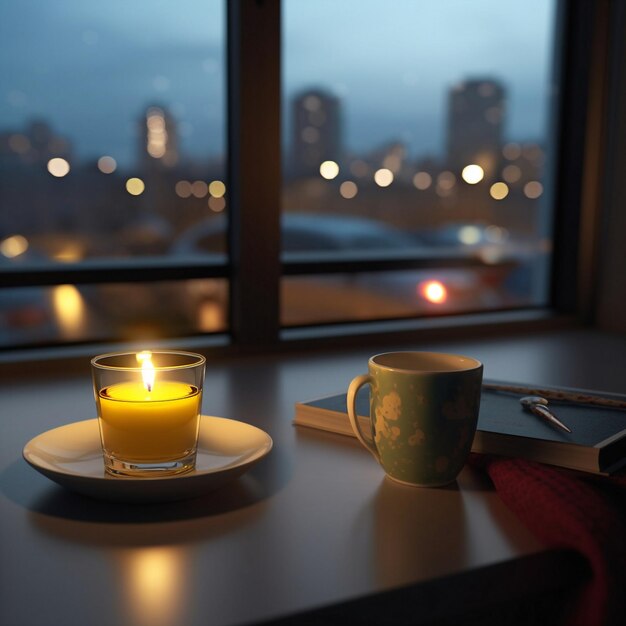 A candle and a book on a table with a book on the table