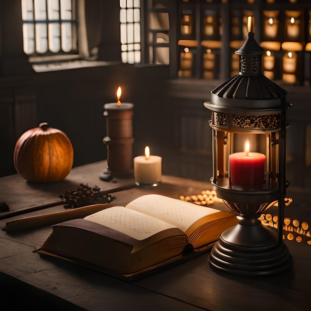 A candle and a book on a table with a candle and a candle.