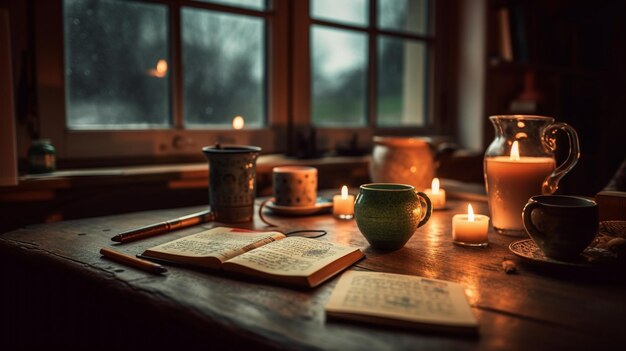 A candle and a book on a table with a candle lit up in the background