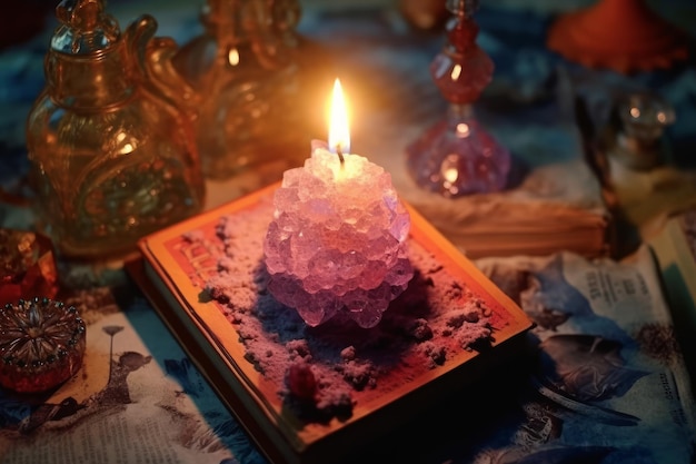 A candle on a book with a book titled'the secret'on it