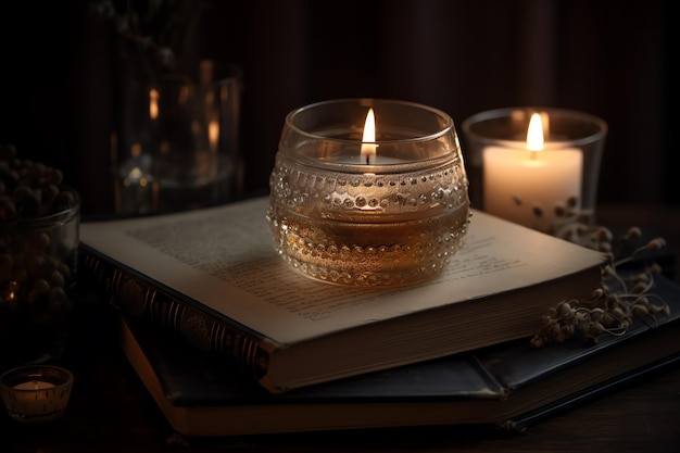 A candle on a book with a candle on it