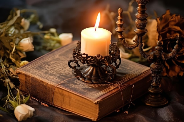 A candle on a book with a candle on it