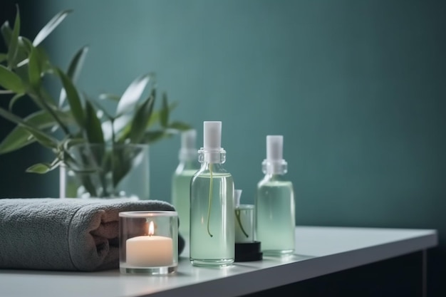 A candle and a bottle of hand sanitizer on a table.