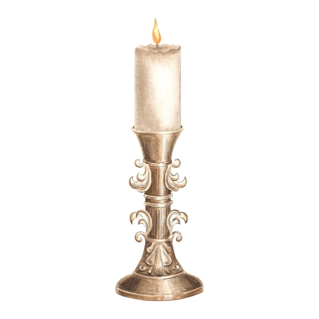 Photo candle in bronze candlestick in vintage warm light lantern hand drawn watercolor illustration