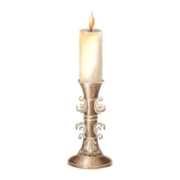 Candle in bronze candlestick in vintage warm light lantern hand drawn watercolor illustration