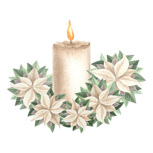 Candle burning with poinsettia white flowers christmas decoration in vintage hand drawn watercolor