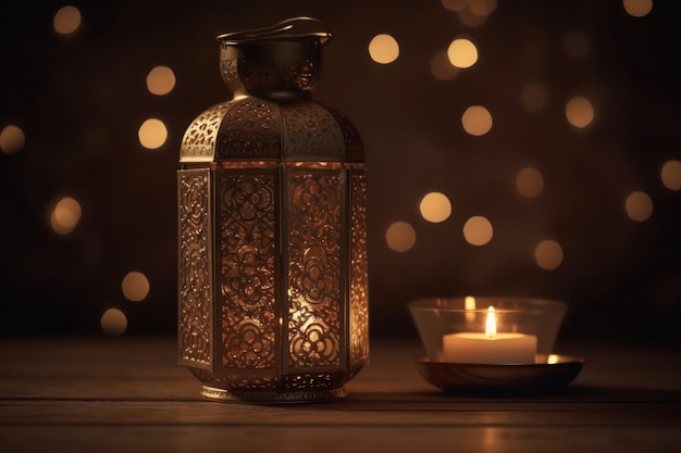 A candle and a candle are lit in front of a bokeh background.