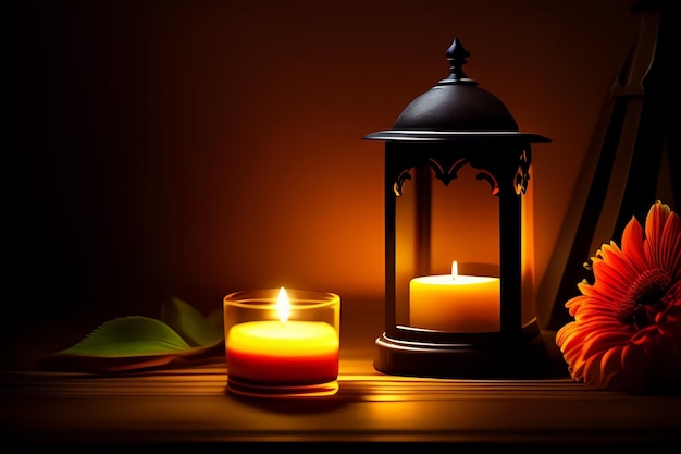 A candle and a candle are lit in front of a lamp.