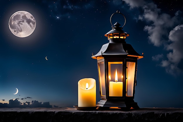 a candle and a candle on a beach with the moon in the background