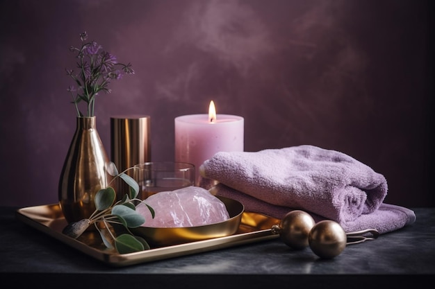 A candle, a candle and a bowl of soap sit on a tray with a pink towel and a candle.