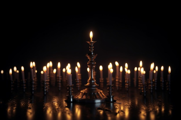 A candle in a candle holder is lit up with a candle in the middle.