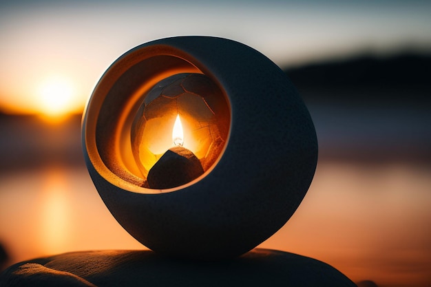 A candle in a candle holder on a rock with the sun setting behind it.