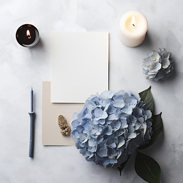 A candle, a candle, a hydrangea, and a card with a candle on a table.