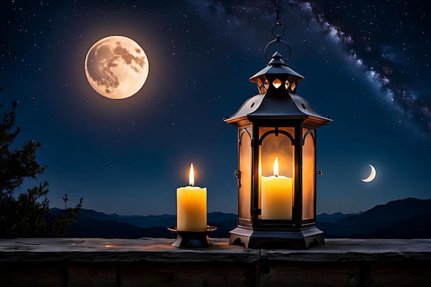 a candle and a candle on a table with a full moon in the background