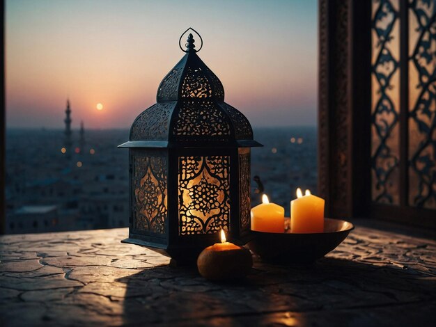 Photo a candle and a candle on a table with a view of the city