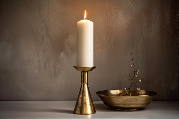 A candle in a candlestick on a table