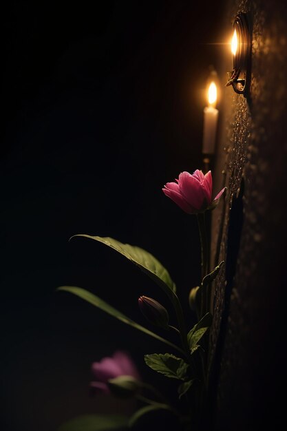 꽃이 있는 벽 구석에 있는 촛불