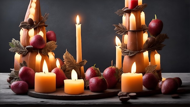 A candle display with apples and candles