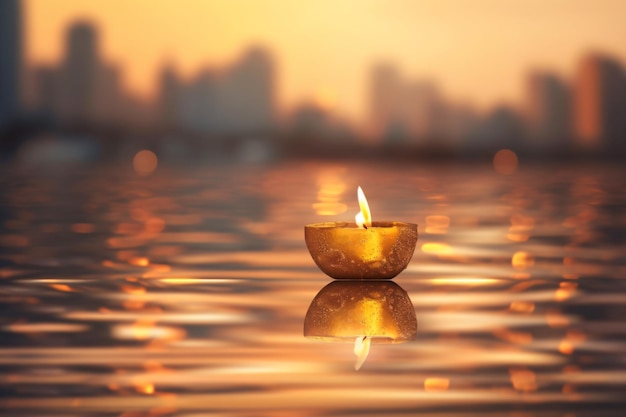 a candle floating in the water with a city in the background