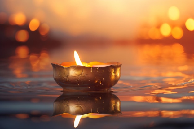 a candle floating in the water with a city in the background