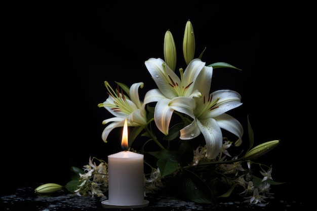 Photo a candle next to a flower