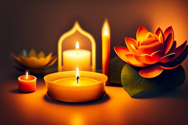 A candle and flowers are lit in front of a lotus flower