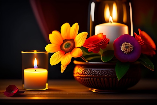 A candle and flowers are lit up in front of a dark background.