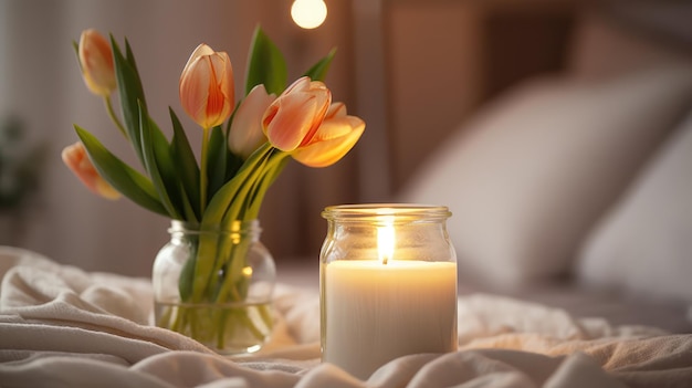 A candle and flowers on a bed