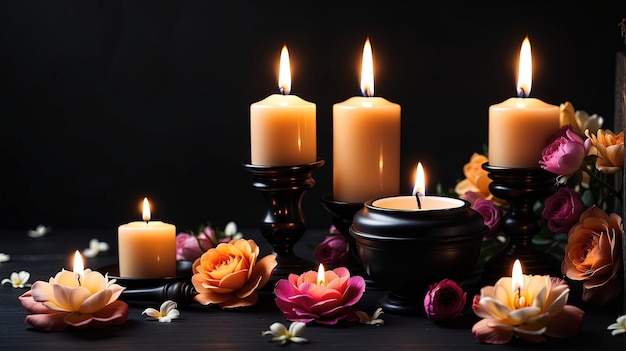 a candle and flowers with a candle in the background