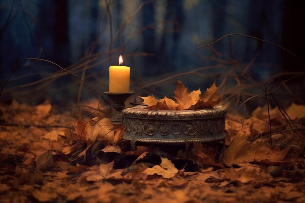 A candle in a forest with leaves on the ground