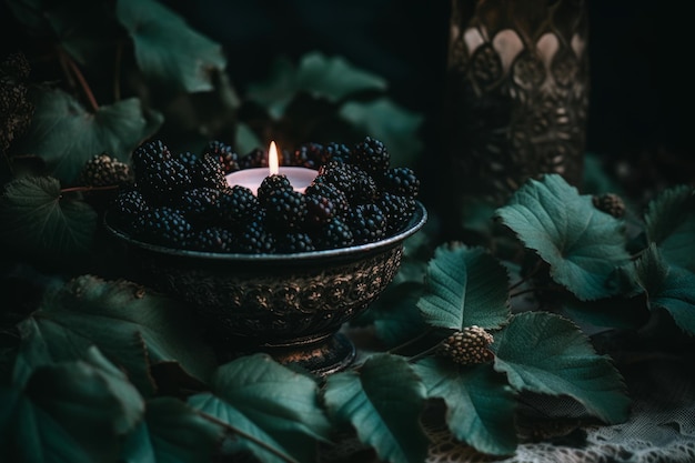 A candle in front of some blackberries