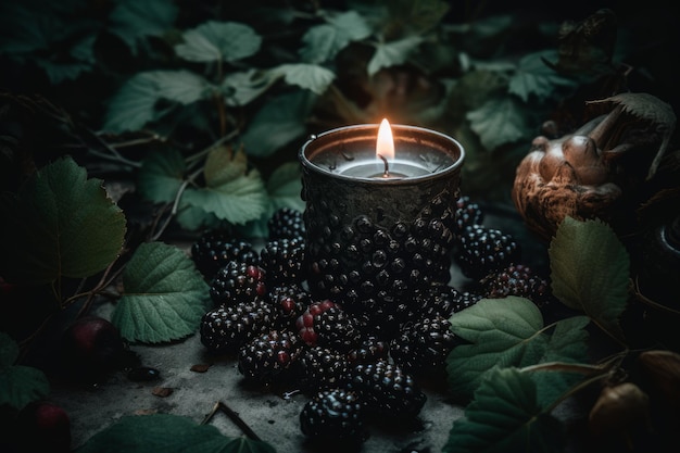 Photo a candle in front of some blackberries