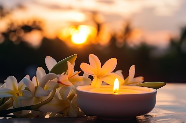 A candle in front of a sunset