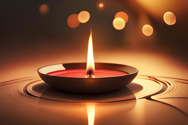 A candle in a glass container with lights in the background