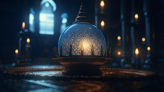 A candle in a glass globe sits on a table in a dark room.