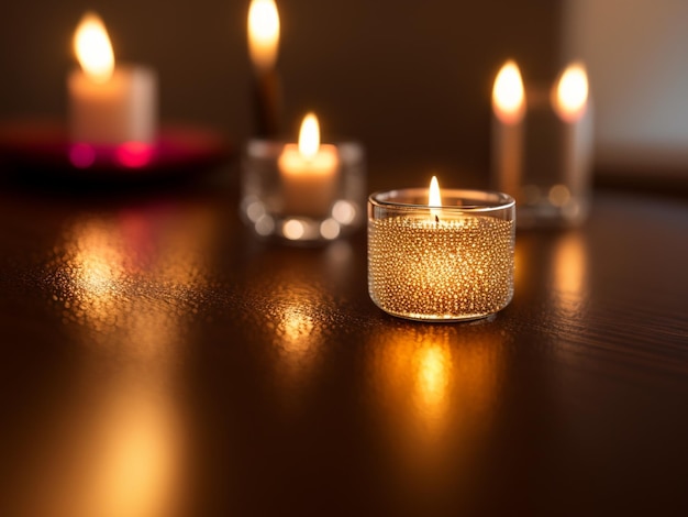 A candle in a glass holder with the word candle on it