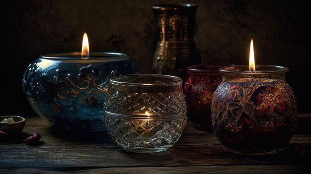 A candle in a glass jar sits on a table with other candles.