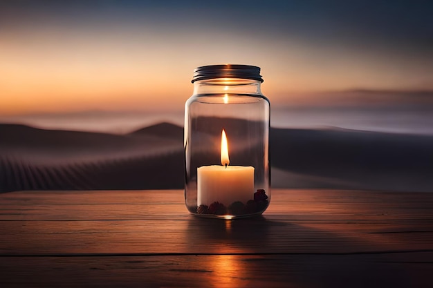 A candle in a glass jar sits on a wooden table in front of a sunset.