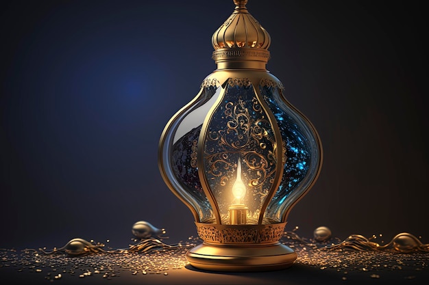 A candle in a glass jar with gold and blue lights.