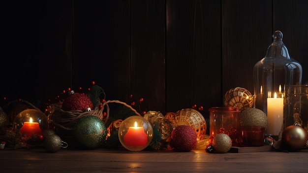 A candle in a glass jar with a red ball and a candle in the middle