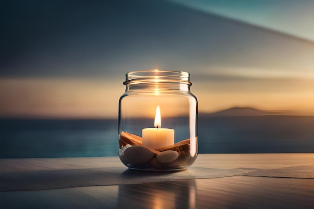 A candle in a glass jar with a sunset in the background