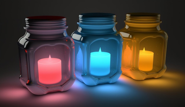 Candle glass jars with neon glowing ai generated art