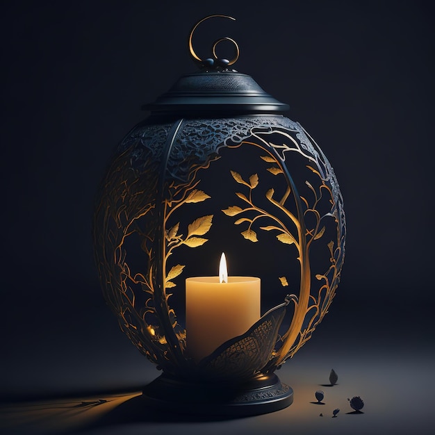 A candle in a glass lantern with a bird on it.