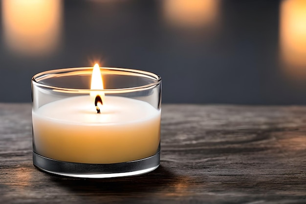 A candle in a glass plate on the table and negative space Aromatherapy candle